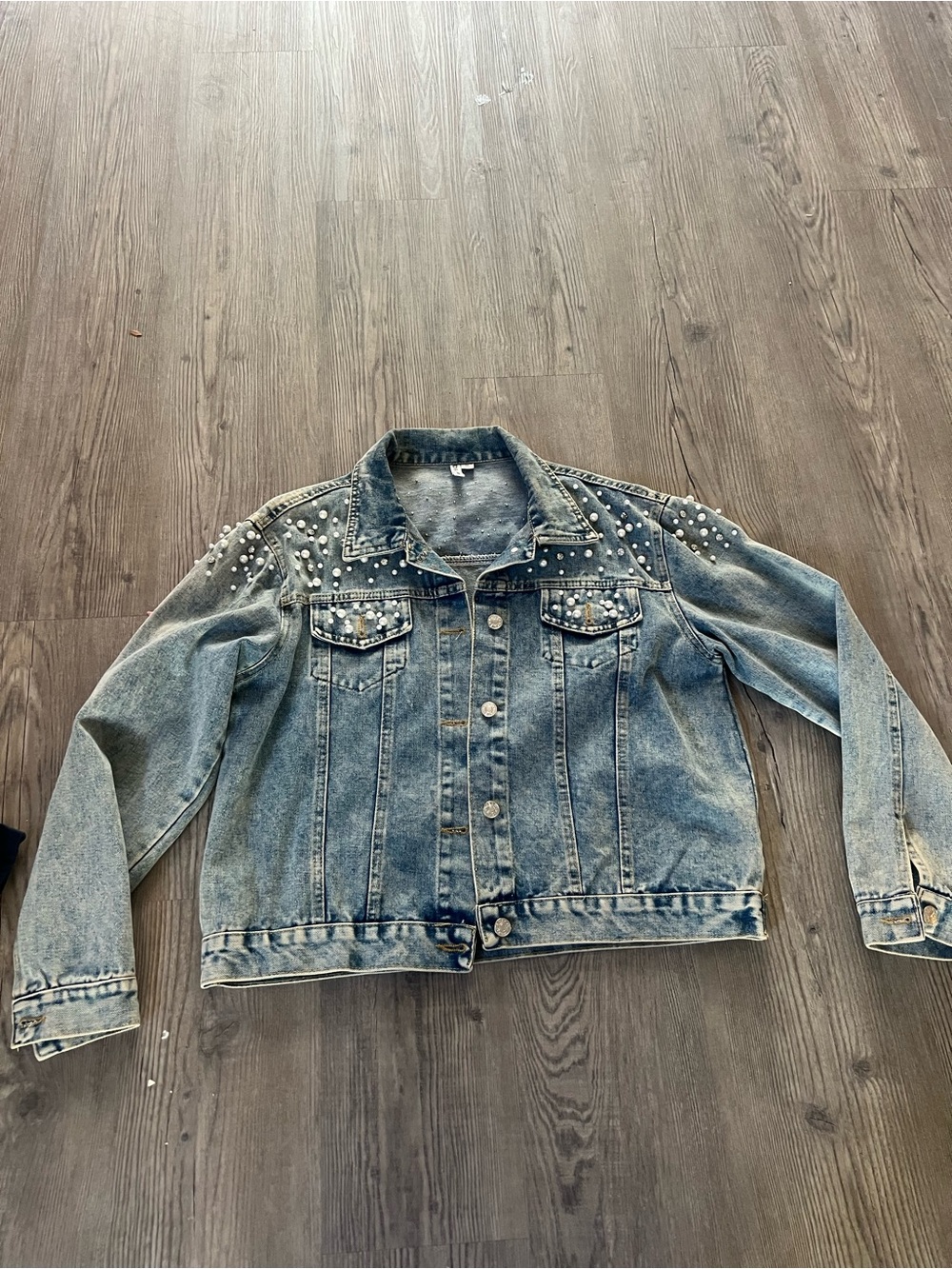 David's Bridal Light Blue Pearl-Embellished Denim Jacket